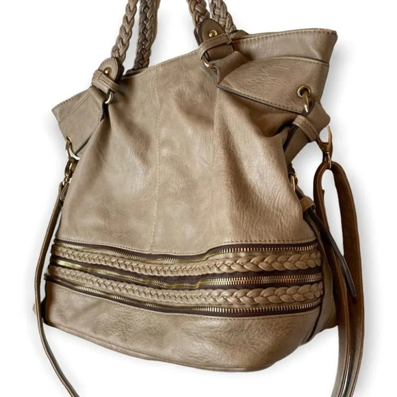 Hibou Tan Shoulder/Crossbody Bag with Braid &  Zipper Details - Picture 3 of 16
